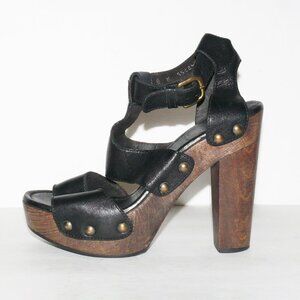 STUART WEITZMAN APRON BLACK STUDDED LEATHER & WOOD PLATFORM SANDAL SZ 8